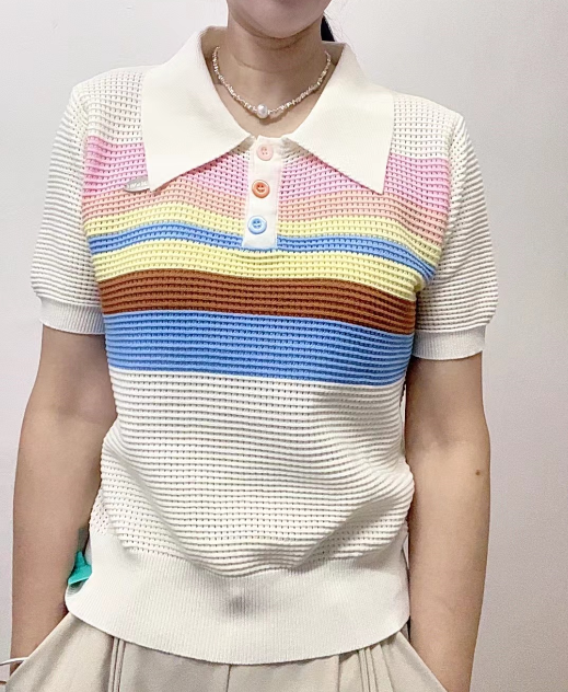 新法式洋气Polo领彩虹条纹短款针织衫设计感小众短袖T恤女士上衣