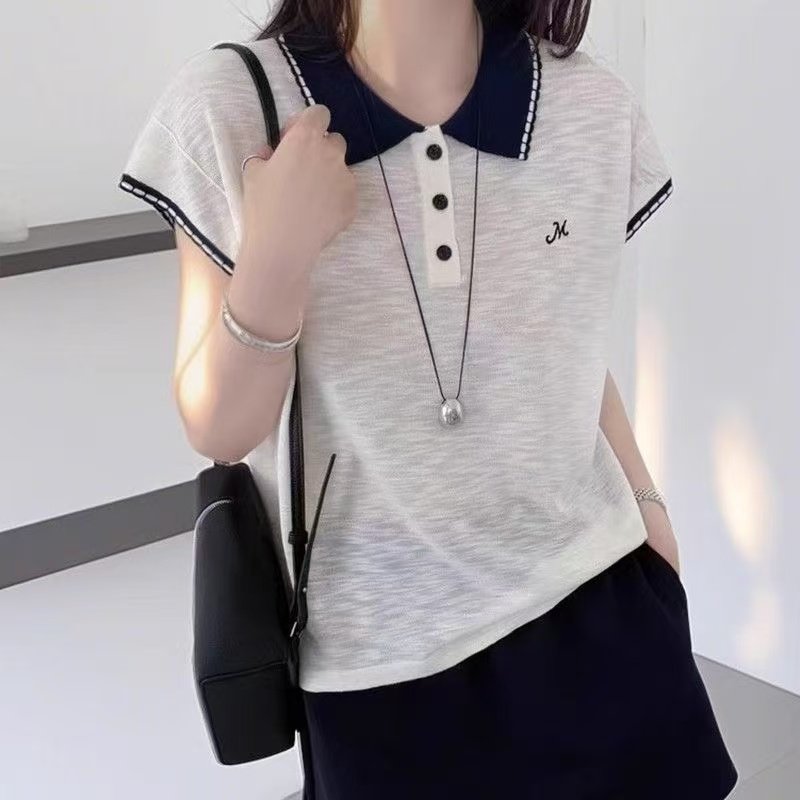 2025夏季新款时尚百搭洋气翻领宽松冰丝短袖针织衫上衣潮女