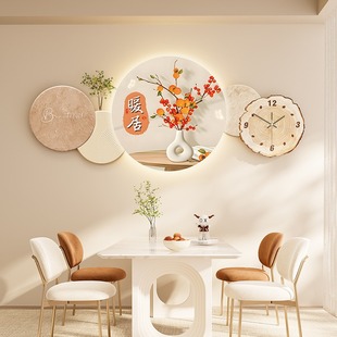 暖居餐厅装 饰挂画带钟表奶油侘寂风壁画饭厅背景墙寓意好现代轻奢