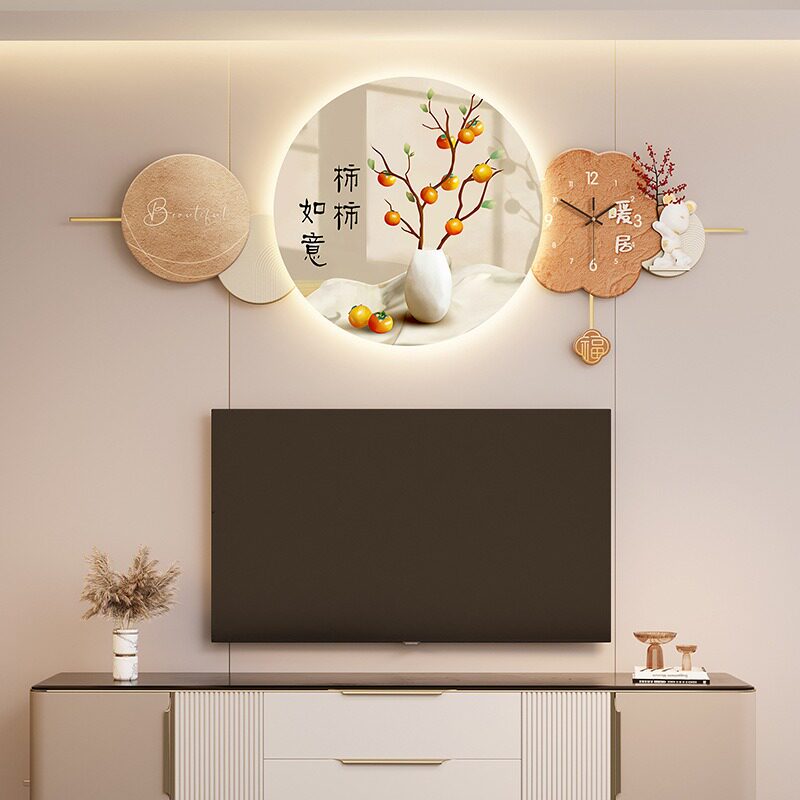 电视机背景墙装饰画带钟表氛围灯客厅墙上方感壁画3d立体挂件挂画