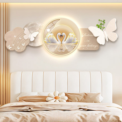 2025新款奶油风卧室床头挂画房间背景墙led氛围灯装饰画天鹅壁画