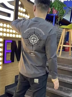 潮流百搭上衣打底衫 男士 燕尾开衩长袖 圆领印花加绒卫衣男秋冬新款