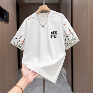 夏季时尚国风花卉重工刺绣短袖T恤男款潮流情侣百搭圆领半袖上衣