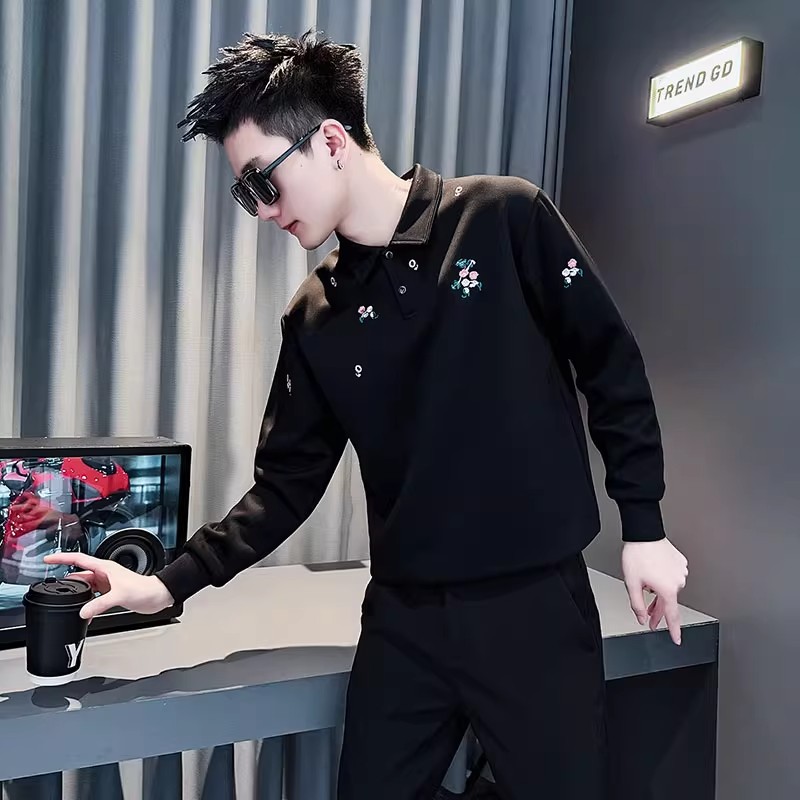 秋季新款潮牌花卉刺绣翻领卫衣男