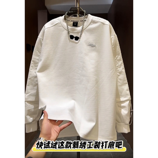 开衩下摆设计感长袖 春秋季 时尚 简约字母拼接圆领卫衣男士 上衣 新款