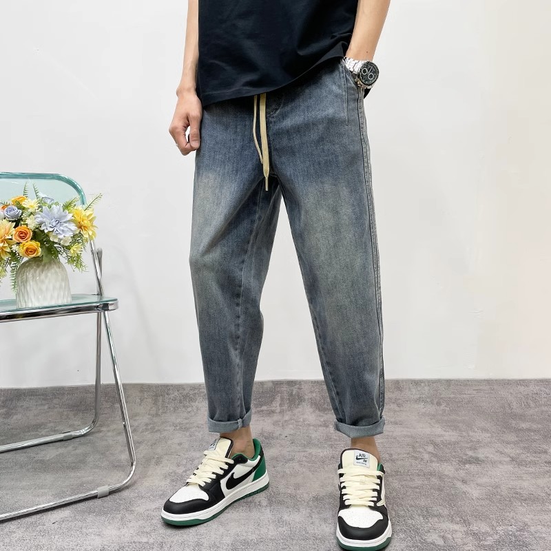 夏季新款复古蓝色牛仔裤男士抽绳修身潮牌痞帅休闲裤百搭九分裤子