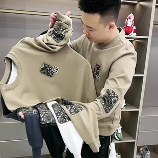 网红潮牌卫衣男士秋冬加绒时尚流行圆领长袖腰果花上衣男痞帅男装