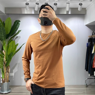 圆领长袖t恤男纯棉纯色打底衫薄