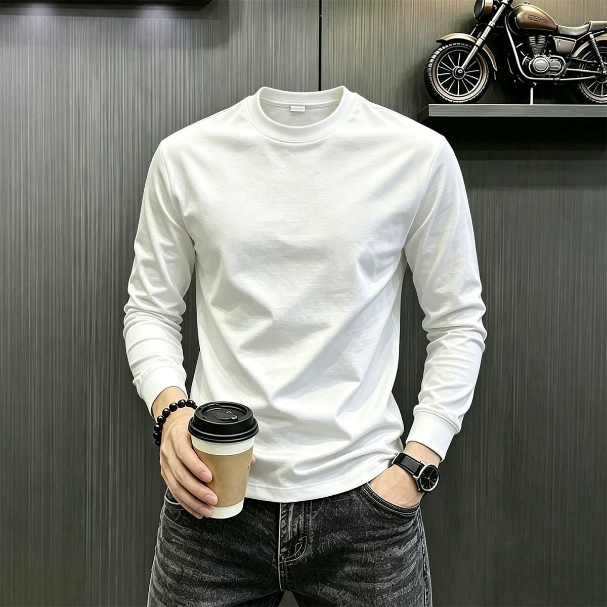 秋季简约净版纯棉圆领长袖T恤男士韩版纯色内搭上衣服日常打底衫