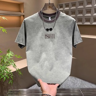 新款 刺绣休闲半袖 扎染拼色短袖 时尚 百搭潮流轻奢T恤 男士 2025夏季