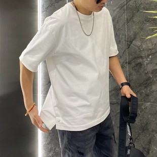 打底衫 夏季 宽松百搭休闲开衩半袖 T恤男士 潮流纽扣设计感纯色短袖