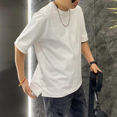 夏季潮流纽扣设计纯色短袖T恤男