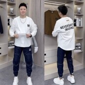 T恤卫衣男休闲字母印花百搭圆领套头打底衫 网红同款 圆弧燕尾长袖