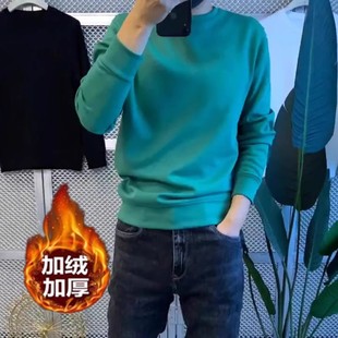 男士纯色修身圆领套头卫衣秋冬新款加绒白色休闲长袖百搭打底上衣