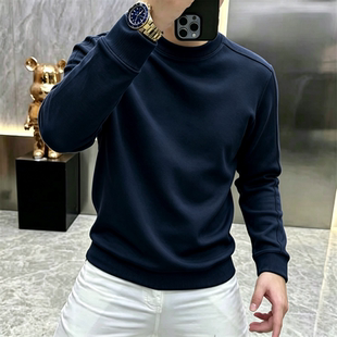 秋季简约纯色圆领卫衣男士内搭修身长袖百搭休闲男装套头打底上衣