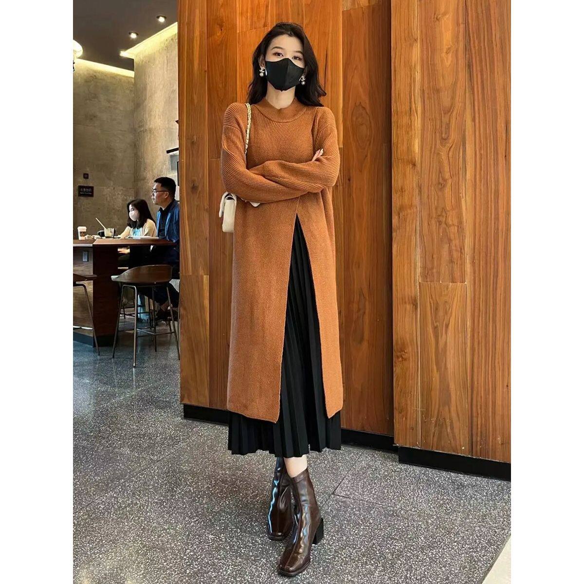 高端设计感圆领针织毛衣开叉连衣裙女外套秋冬新款半身裙两件套女