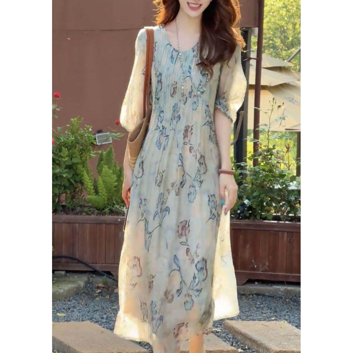 法式水墨印花连衣裙女2026夏季新款宽松显瘦减龄中长款度假风裙子