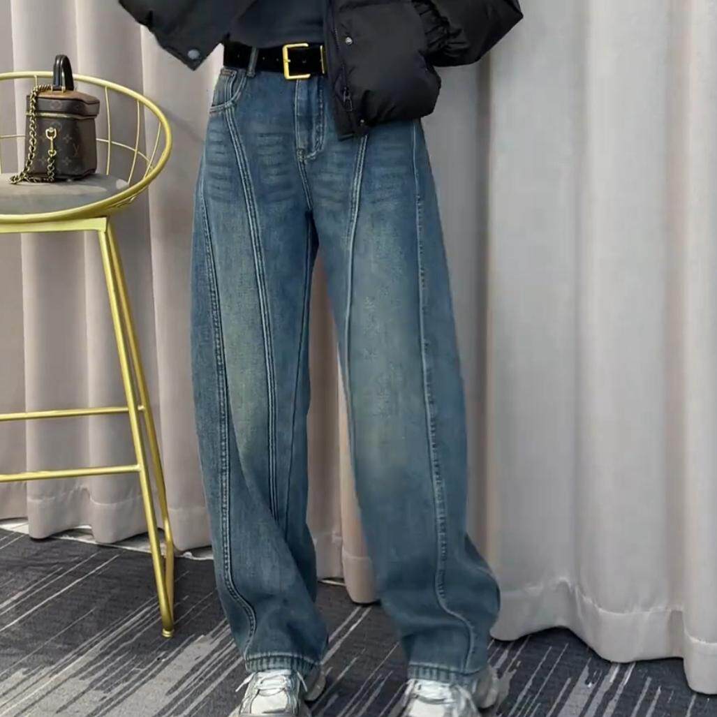 韩版加绒加厚弯刀牛仔裤女2025冬新款显瘦显高百搭宽松香蕉裤长裤