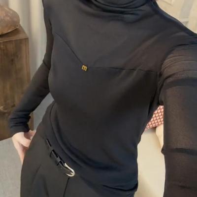 2025春秋新款长袖半高领网纱蕾丝衫女修身显瘦百搭高弹力内搭上衣