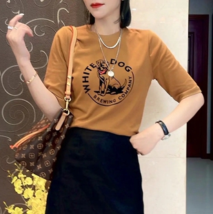 显瘦百搭中袖 女修身 体恤上衣 小狗字母T恤打底衫 欧洲站2025秋新款