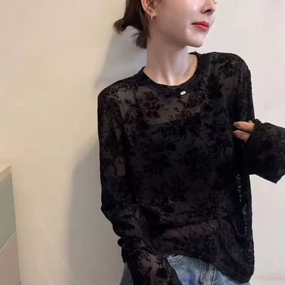 韩系减龄长袖植绒蕾丝T恤女上衣