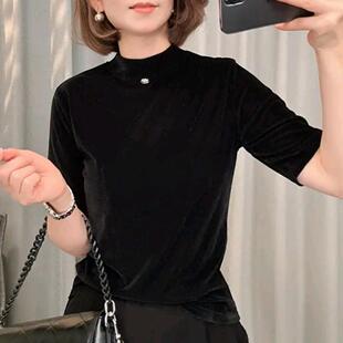 立领体恤上衣小衫 女2025秋新款 T恤打底衫 通勤百搭显瘦金丝绒中袖