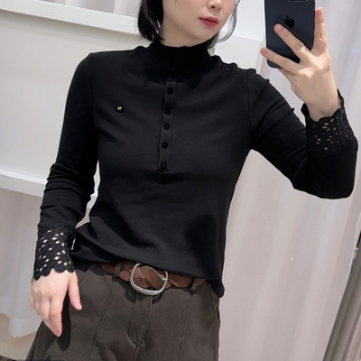 中领蕾丝长袖磨毛上衣女打底小衫