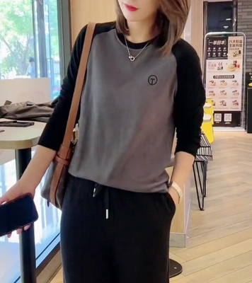 2025冬季新款长袖双面德绒T恤打底衫女修身百搭加厚保暖拼色上衣