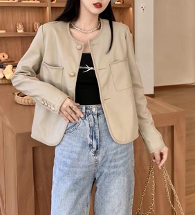 百搭显瘦小香风皮夹克外套 皮衣女时尚 2026春秋新款 设计感洋气短款