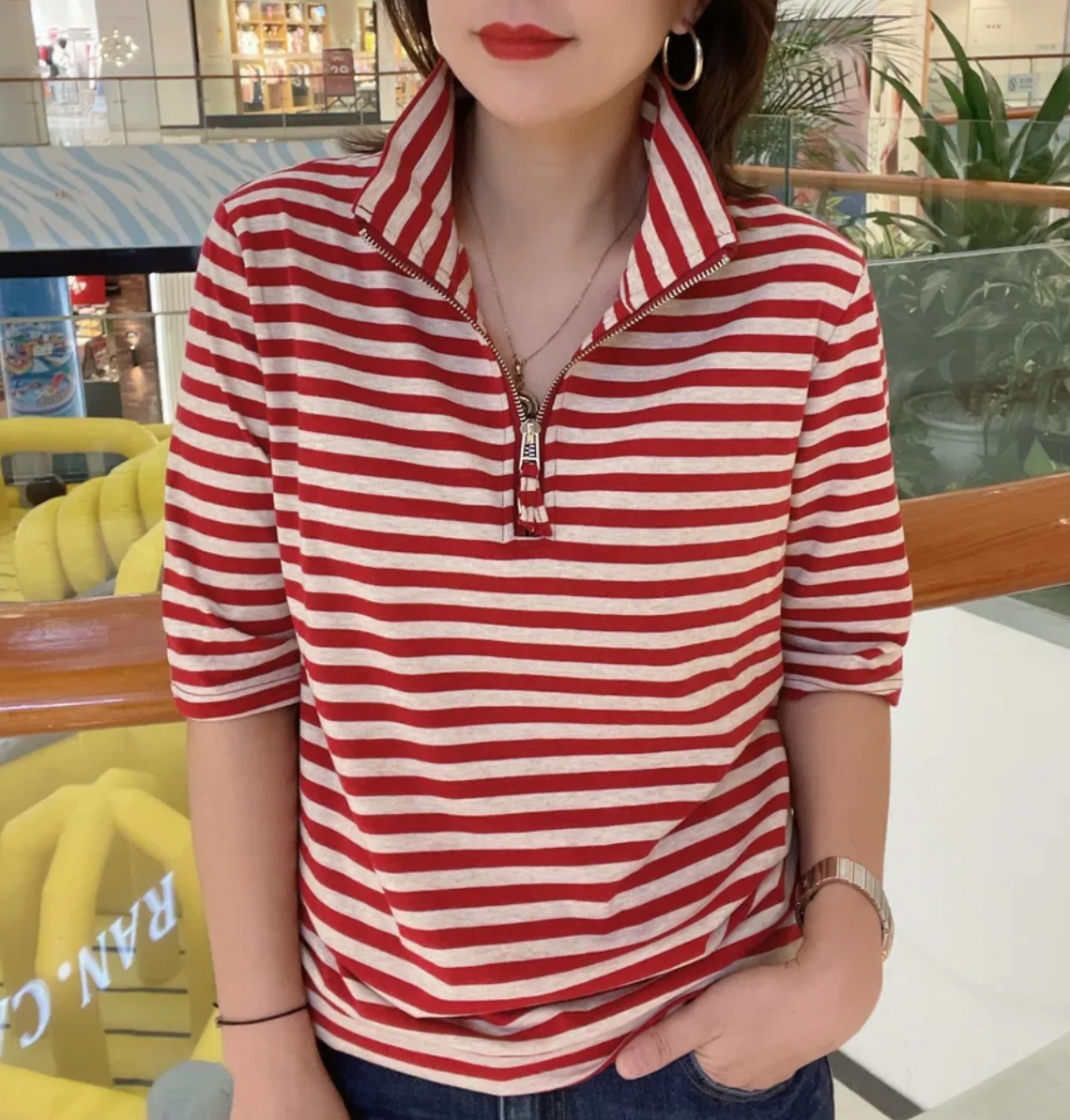 2025秋季新款立领中袖T恤女宽松显瘦百搭条纹拉链卫衣减龄上衣潮
