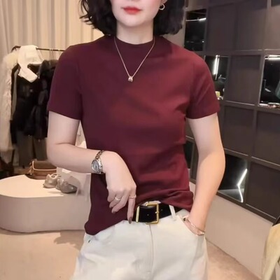 简约纯色立领短袖t恤女2026春季新款日常通勤百搭显瘦上衣小衫潮T