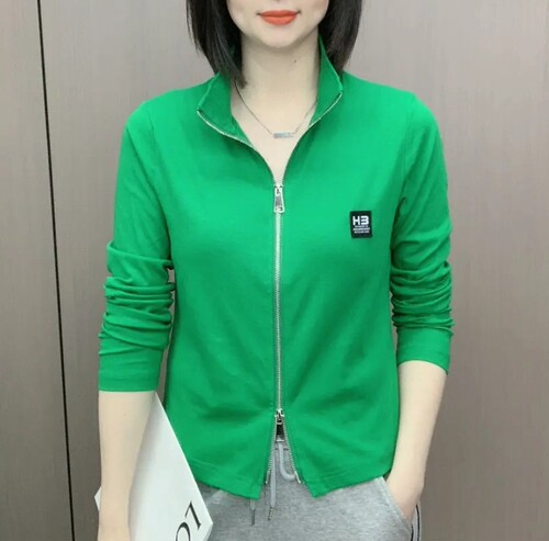 2026春新款长袖短款双拉链立领T恤女修身显瘦百搭设计感上衣韩潮