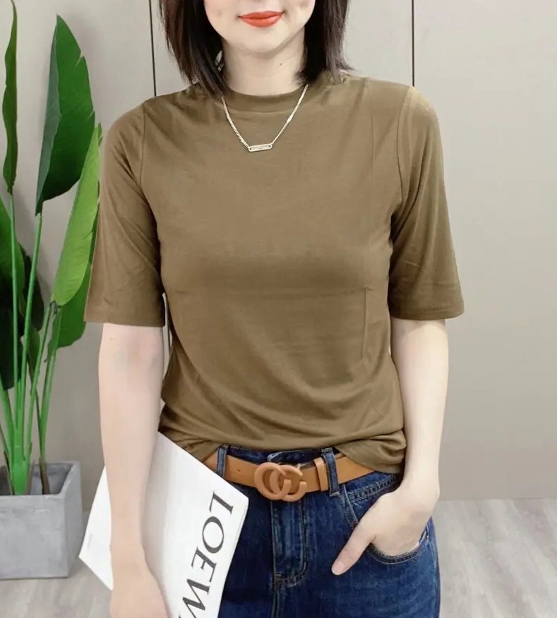 2025秋新款光板立领中袖T恤打底衫女修身百搭五分袖体恤上衣小衫