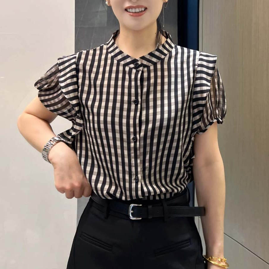 欧货时尚洋气减龄短袖格子衬衫女2025夏季新款荷叶边立领衬衣上衣