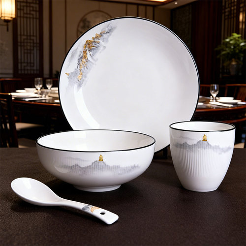 商用摆台简约陶瓷山水金边碗四件