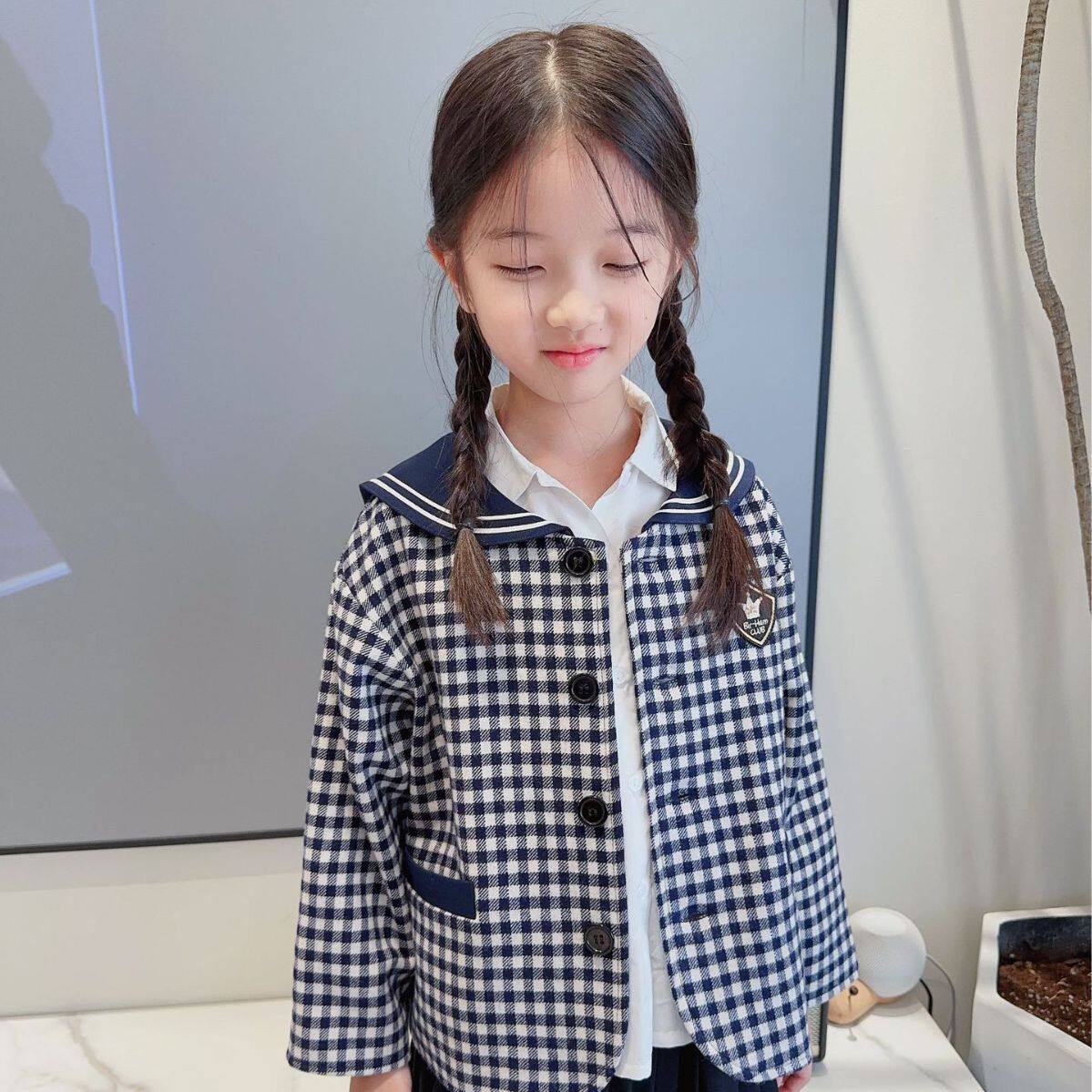 女童羊毛格子外套秋冬