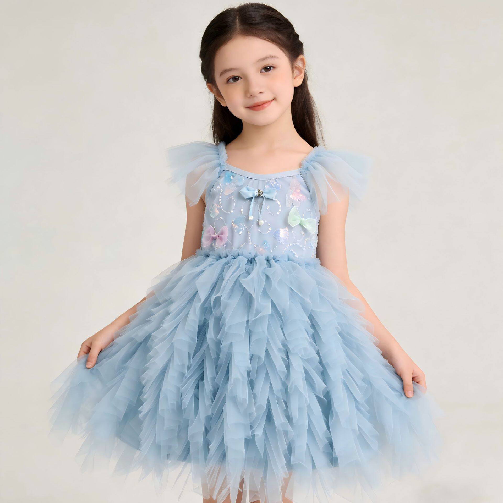 夏季蓝色吊带公主裙子女童宝宝生日礼服连衣裙儿童蓬蓬网纱裙新款