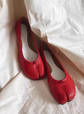 2025新款真皮红色猪蹄分趾女鞋浅口玛丽珍单鞋女平底瓢鞋
