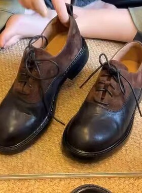 羊皮版~复古巴恩风绒面拼接低跟小皮鞋女圆头系带真皮乐福鞋单鞋