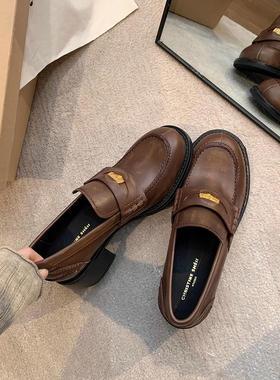 厚底金币乐福鞋女2025新款春款黑色真皮英伦miu系超火单鞋小皮鞋