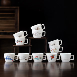 羊脂白瓷小天圆地方功夫茶具茶杯有耳防烫把手杯家用品茗杯100ml