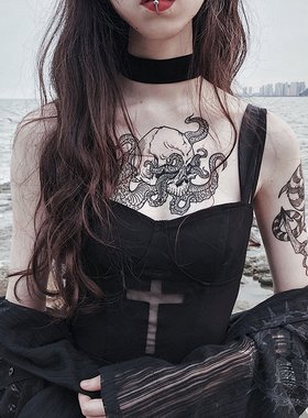 骷髅蛸 MW原创手绘复古另类暗黑骷髅章鱼防水纹身贴