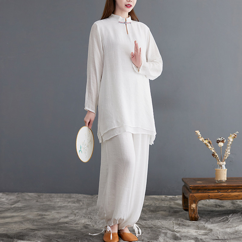 BUDDHIST ZEN WOMENS CLOTHES COTTON AND LINEN TANG CLOTHES CHINESE STYLE LAYMAN CLOTHES WOMENS WHITE MEDITATION CLOTHES ZEN CLOTHES WOMENS TEA CLOTHES