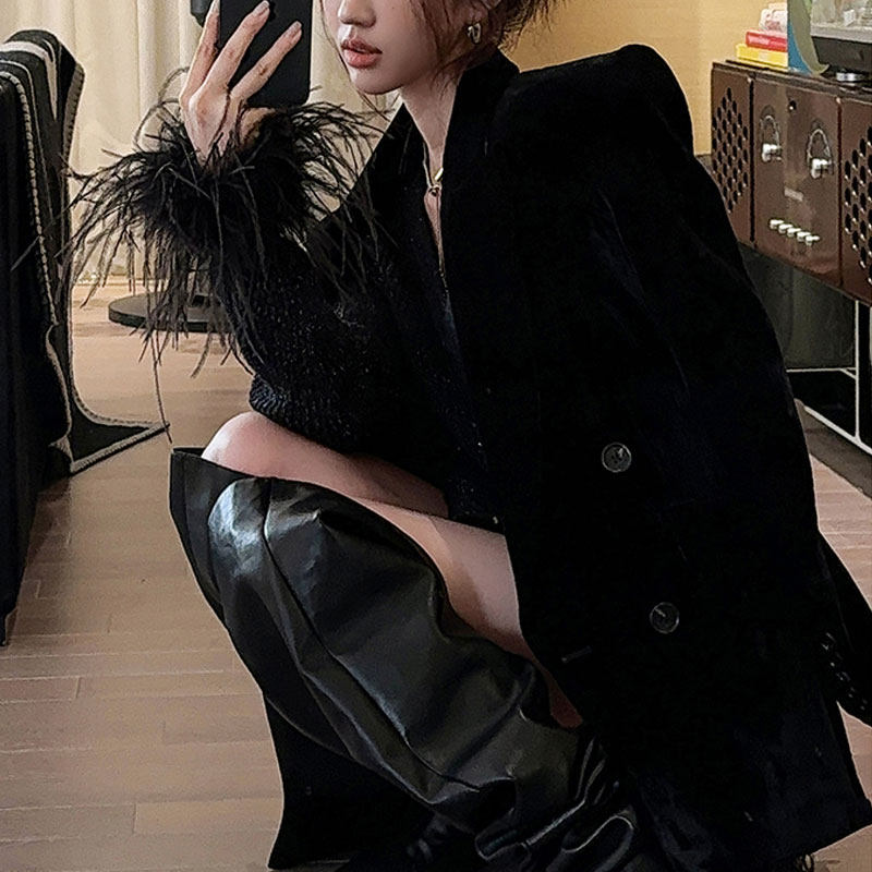 气质名媛中长款丝绒修身