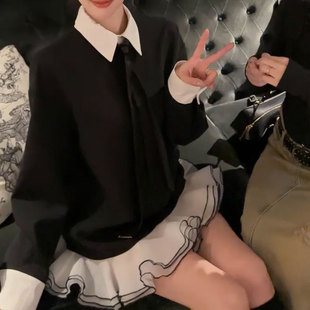 Black Tie 关晓彤同款 裙女 CAN 三层荷叶摆领带娃娃衬衫