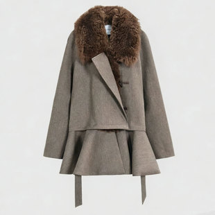 SSAVAGE女装2026新款斯图亚特羊毛领解构主义可拆卸裙摆大衣外套