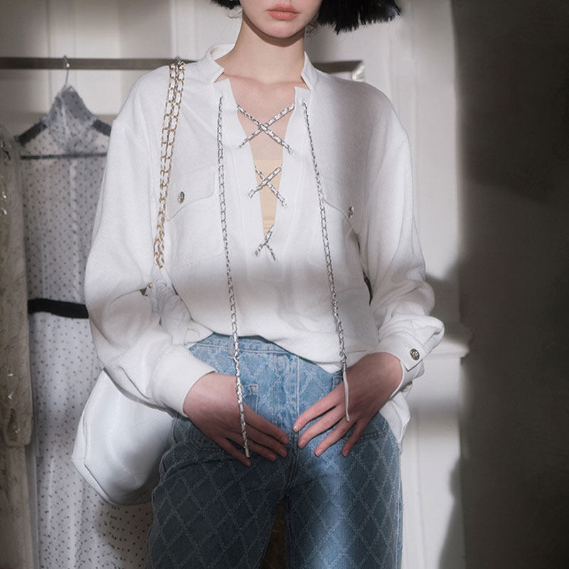 宽松小香风套头长袖链条