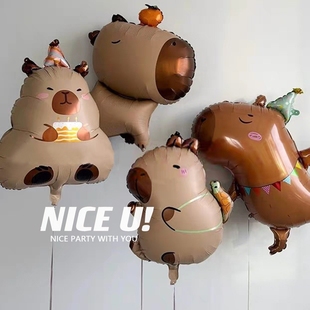 卡皮巴拉河豚生日蛋糕气球儿童卡通铝膜气球生日布置拉旗装 饰道具