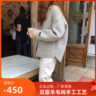 双面呢千鸟格毛呢外套女装秋冬韩版西装领短款时尚宽松一粒扣上衣