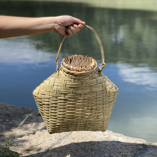 老式鱼篓竹编制品捕鱼抓虾竹笼娄盖子采茶大号手提竹篮子装饰鳝鱼
